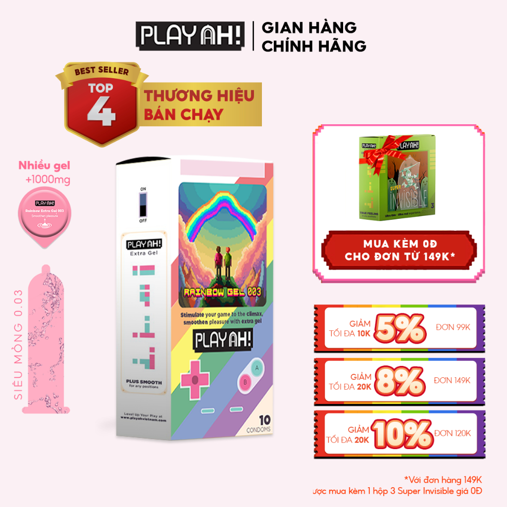 Bao Cao Su PlayAh Rainbow Gel 003 Hộp 10 size 52mm siêu mỏng, nhiều gel