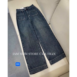 Quần jean suông nữ nấm lùn ống rộng trơn xanh đậm túi vuông M555