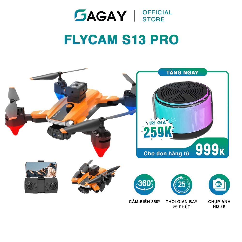 Flycam s13 pro tránh chướng ngoại vật quang học, quay vòng 360 độ, flycam mini camera kép 8K, thời gian 25 phút GAGAY