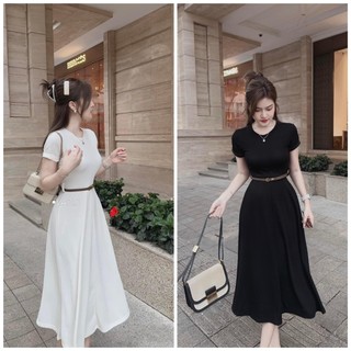 VA727  Đ GÂN XOÈ DÂNG DÀI TRẮNG ĐEN CỔ TRÒN KÈM NỊT