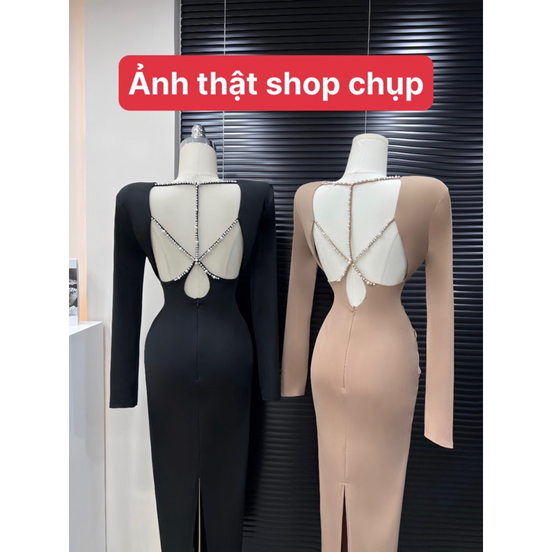 Đầm maxi tay dài hở lưng kết cườm