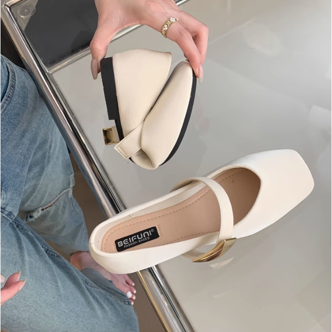 Giày Búp Bê Mũi Vuông Khóa Kim Loại Đế Mềm, Giày Mary Jane Phong Cách Hàn Quốc Giày Thời Trang, Thoải Mái 2023