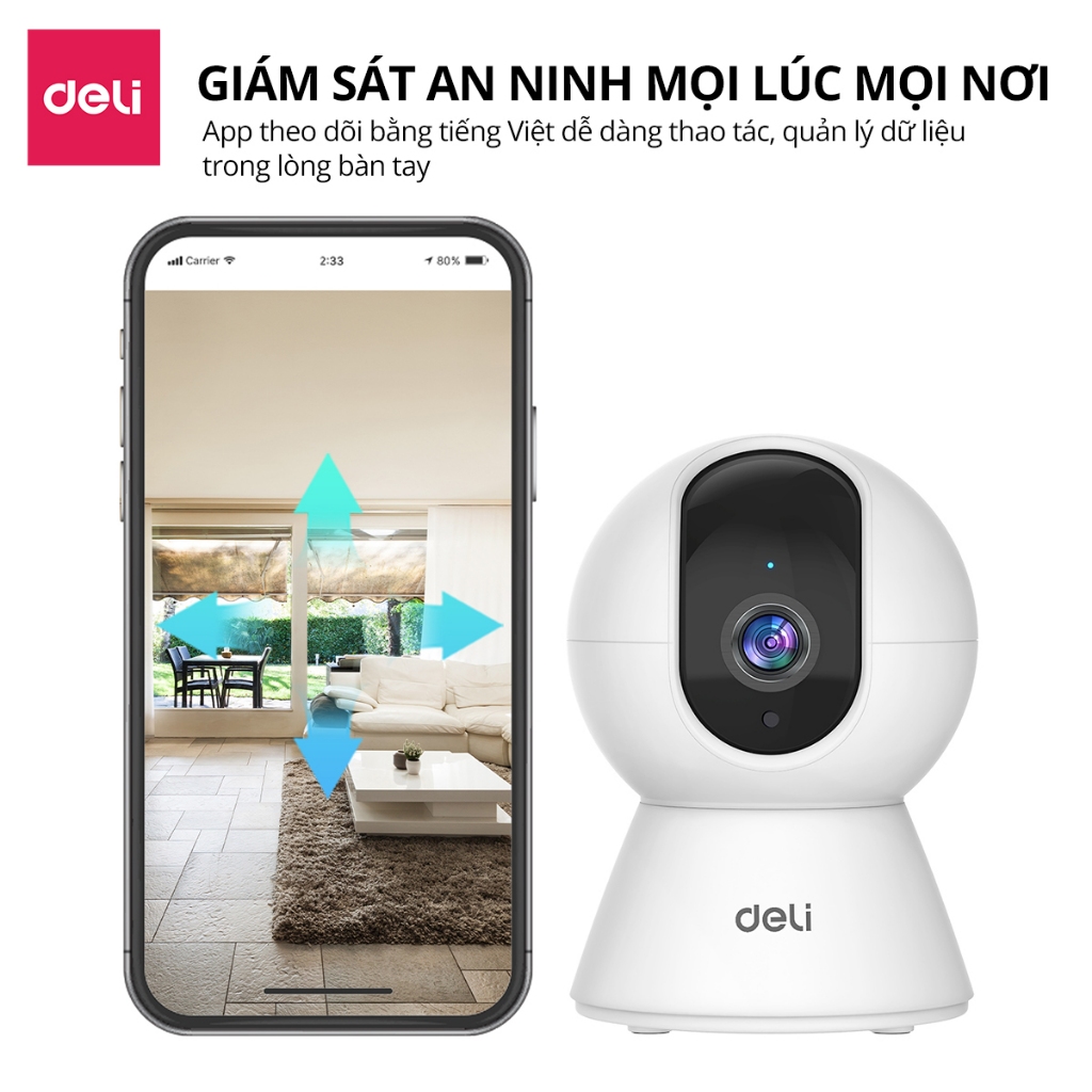 Camera WIFI IP Deli HD 1080P 360 Độ Chính Hãng Trong Nhà - Giám Sát An Ninh - Có Đàm Thoại - Theo Dõi Phát Hiện