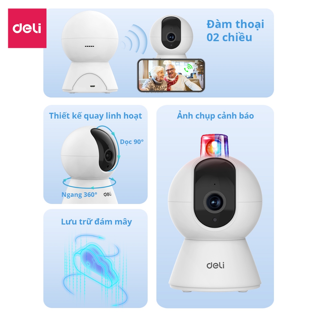 Camera WIFI IP Deli HD 1080P 360 Độ Chính Hãng Trong Nhà - Giám Sát An Ninh - Có Đàm Thoại - Theo Dõi Phát Hiện