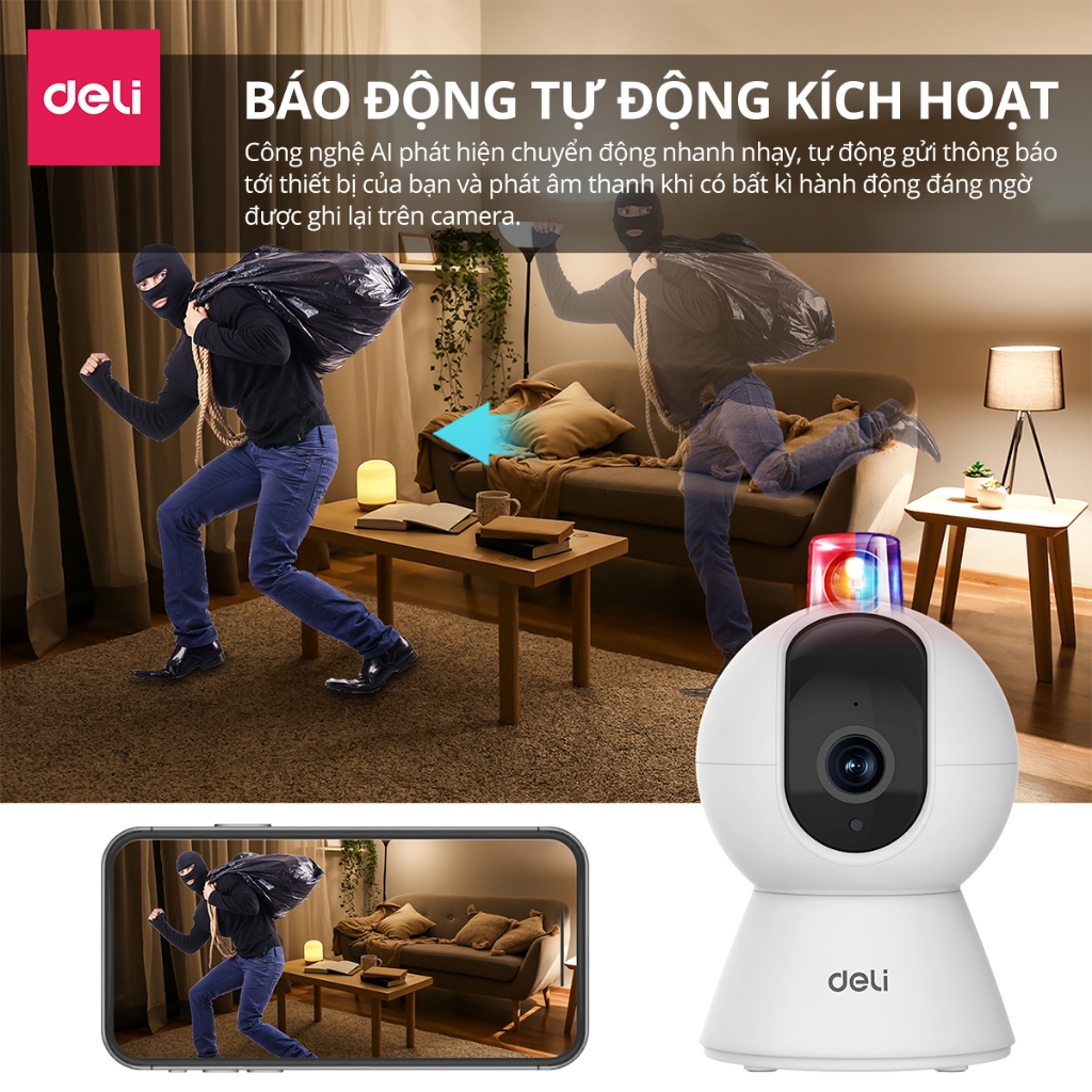 Camera WIFI IP Deli HD 1080P 360 Độ Chính Hãng Trong Nhà - Giám Sát An Ninh - Có Đàm Thoại - Theo Dõi Phát Hiện