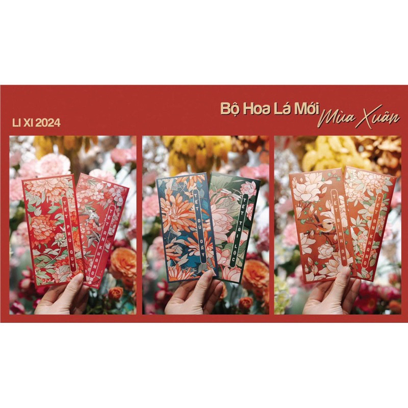Bao lì xì Tết 2024 Combo 5 chiếc lì xì Hoa Lá Mùa Xuân Vintage, bao lì xì giấy C150 cán mờ siêu đẹp