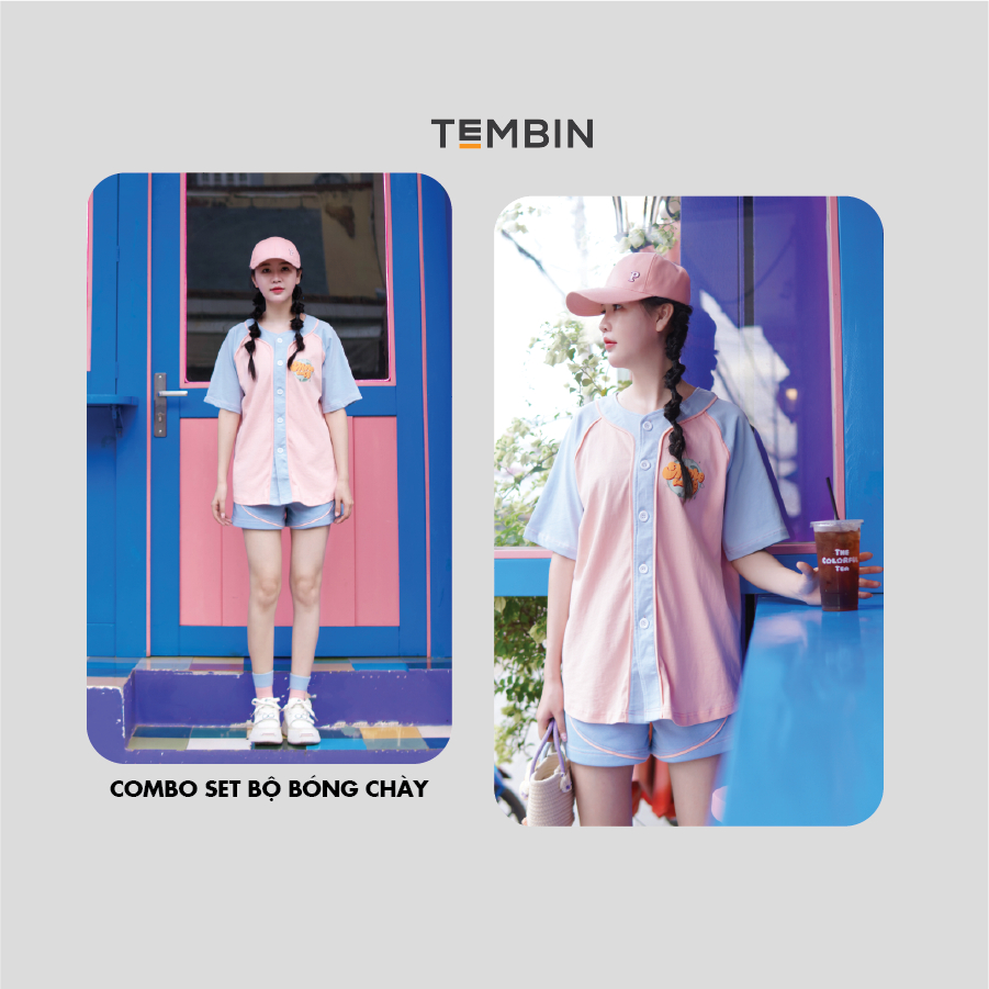 Set Bộ Áo Thun Cài Nút Hồng Xanh Kèm Short Local Brand TEMBIN