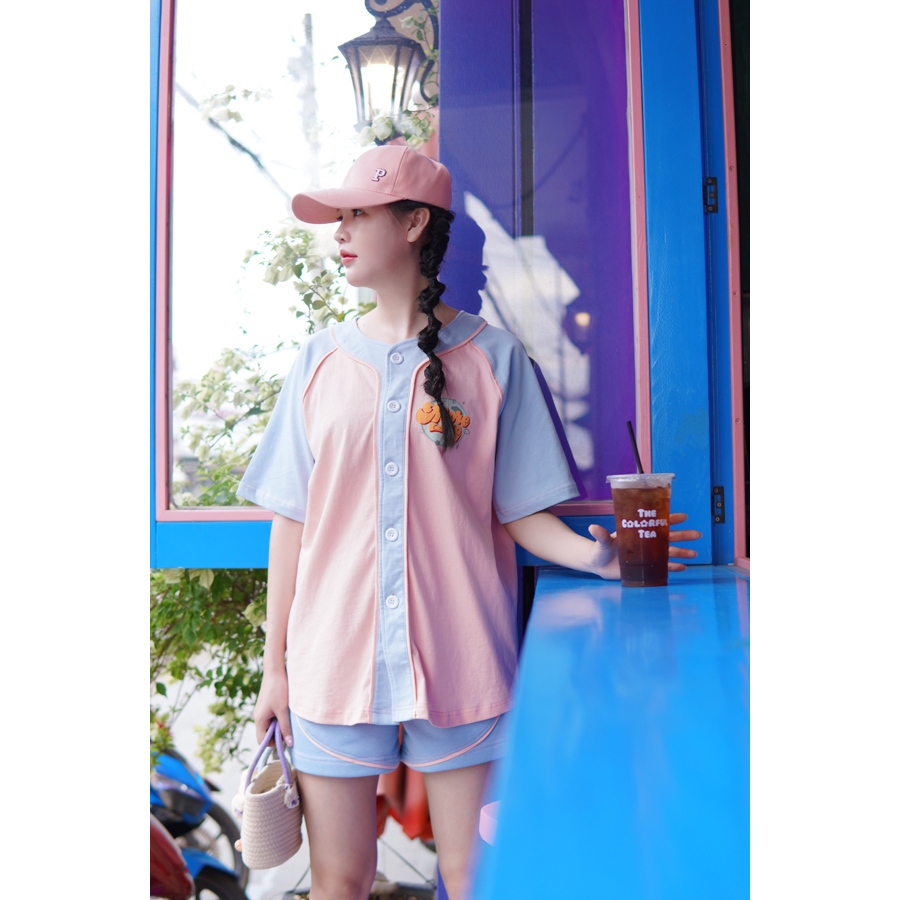 Set Bộ Áo Thun Cài Nút Hồng Xanh Kèm Short Local Brand TEMBIN