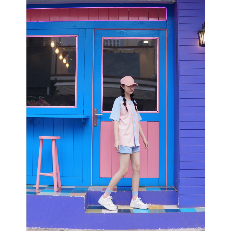 Set Bộ Áo Thun Cài Nút Hồng Xanh Kèm Short Local Brand TEMBIN