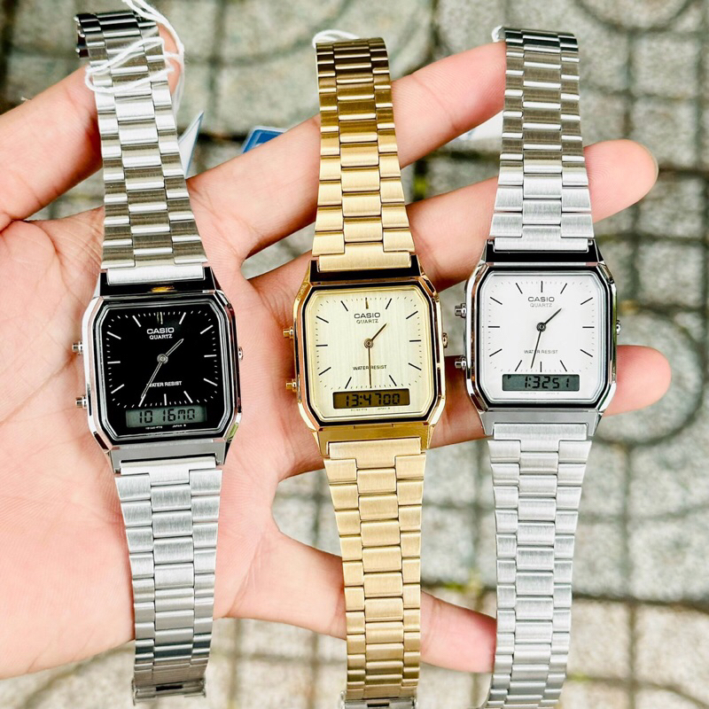 Đồng hồ kim điện tử nam nữ dây thép Casio AQ230 full màu