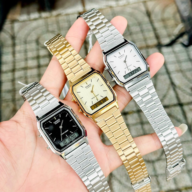 Đồng hồ kim điện tử nam nữ dây thép Casio AQ230 full màu
