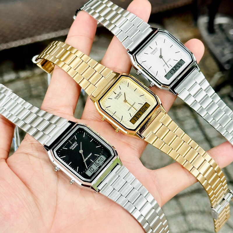 Đồng hồ kim điện tử nam nữ dây thép Casio AQ230 full màu