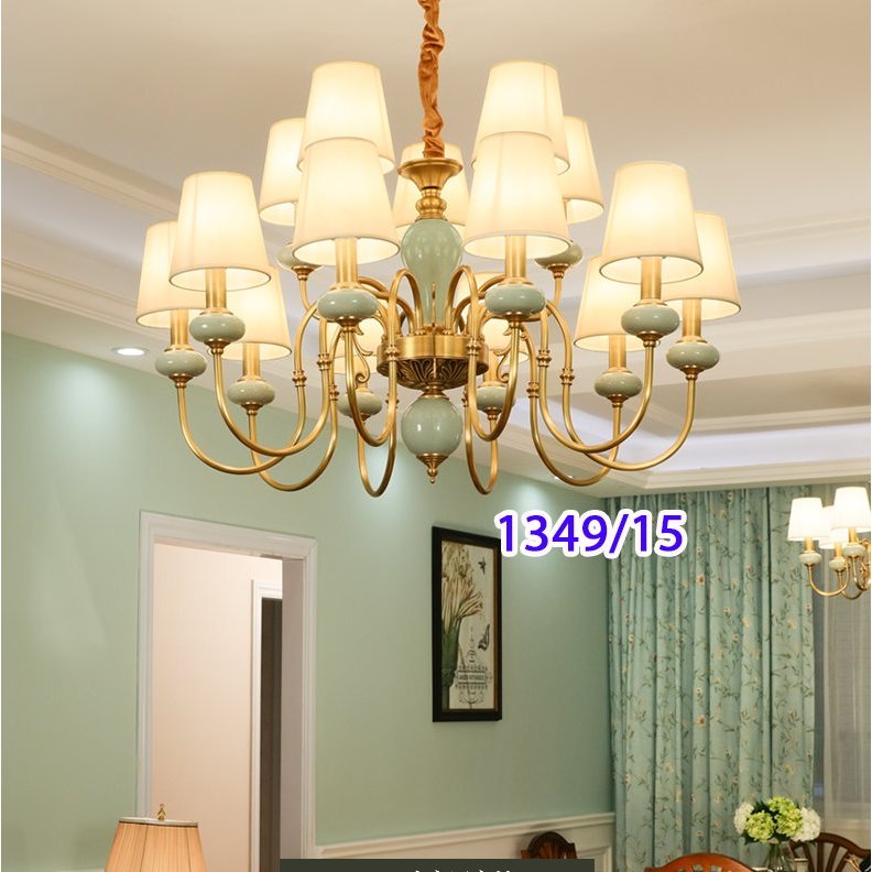 CH1349-15 - TẶNG KÈM BÓNG LED - Đèn chùm thân đồng - chao vải - 15 tay