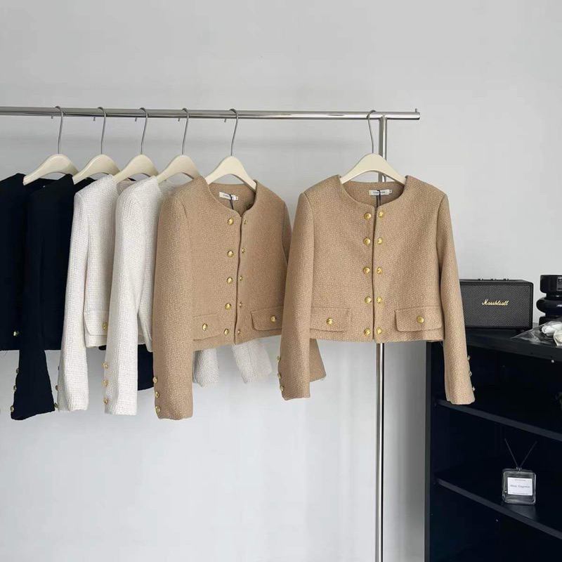 Áo dạ tweed cao cấp 3 màu nâu đen trắng phối 2 hàng cúc