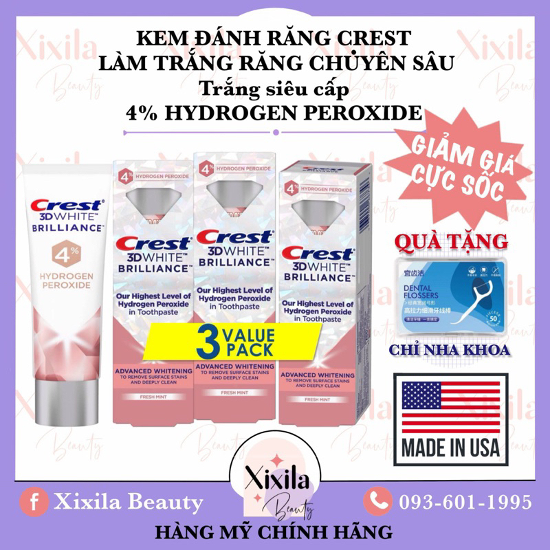 Kem đánh răng Crest 3D White Brilliance 4% Hydrogen Peroxide làm trắng răng siêu cấp