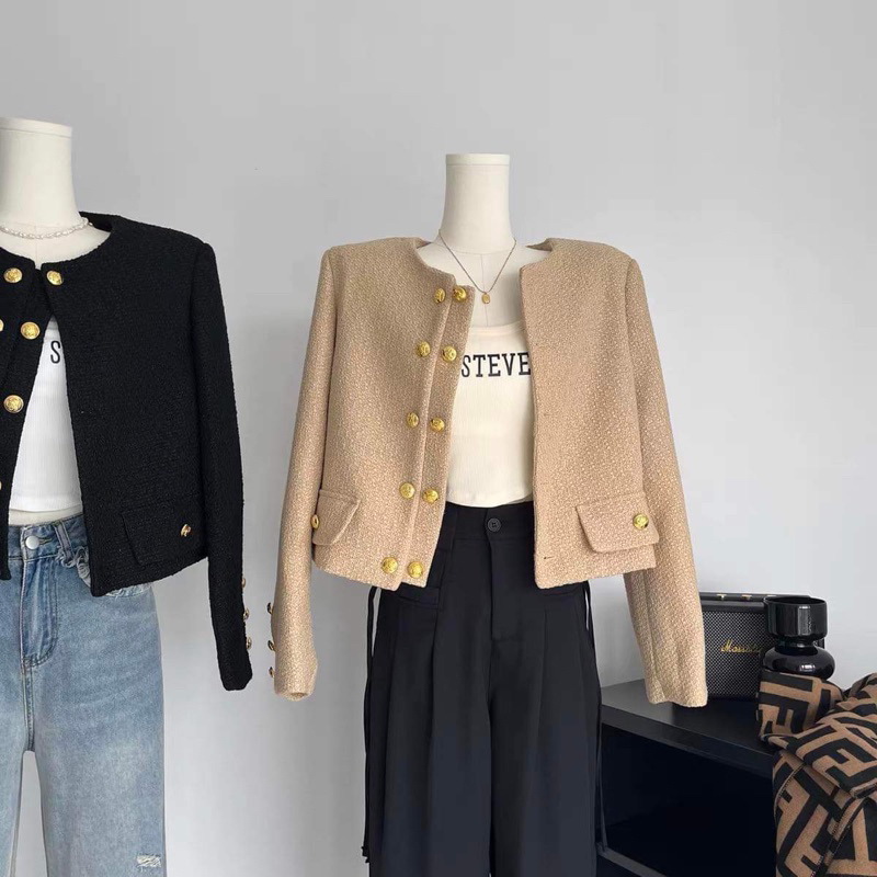 Áo dạ tweed cao cấp 3 màu nâu đen trắng phối 2 hàng cúc