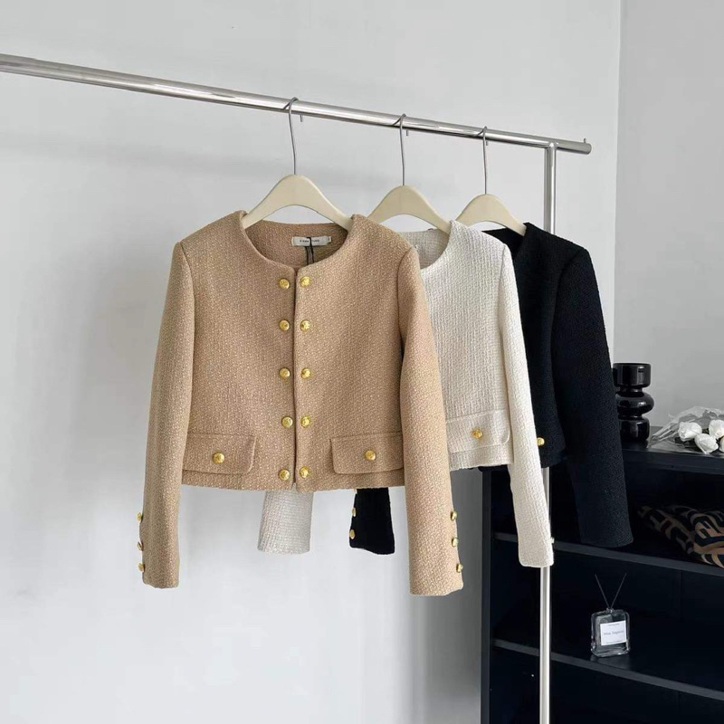Áo dạ tweed cao cấp 3 màu nâu đen trắng phối 2 hàng cúc