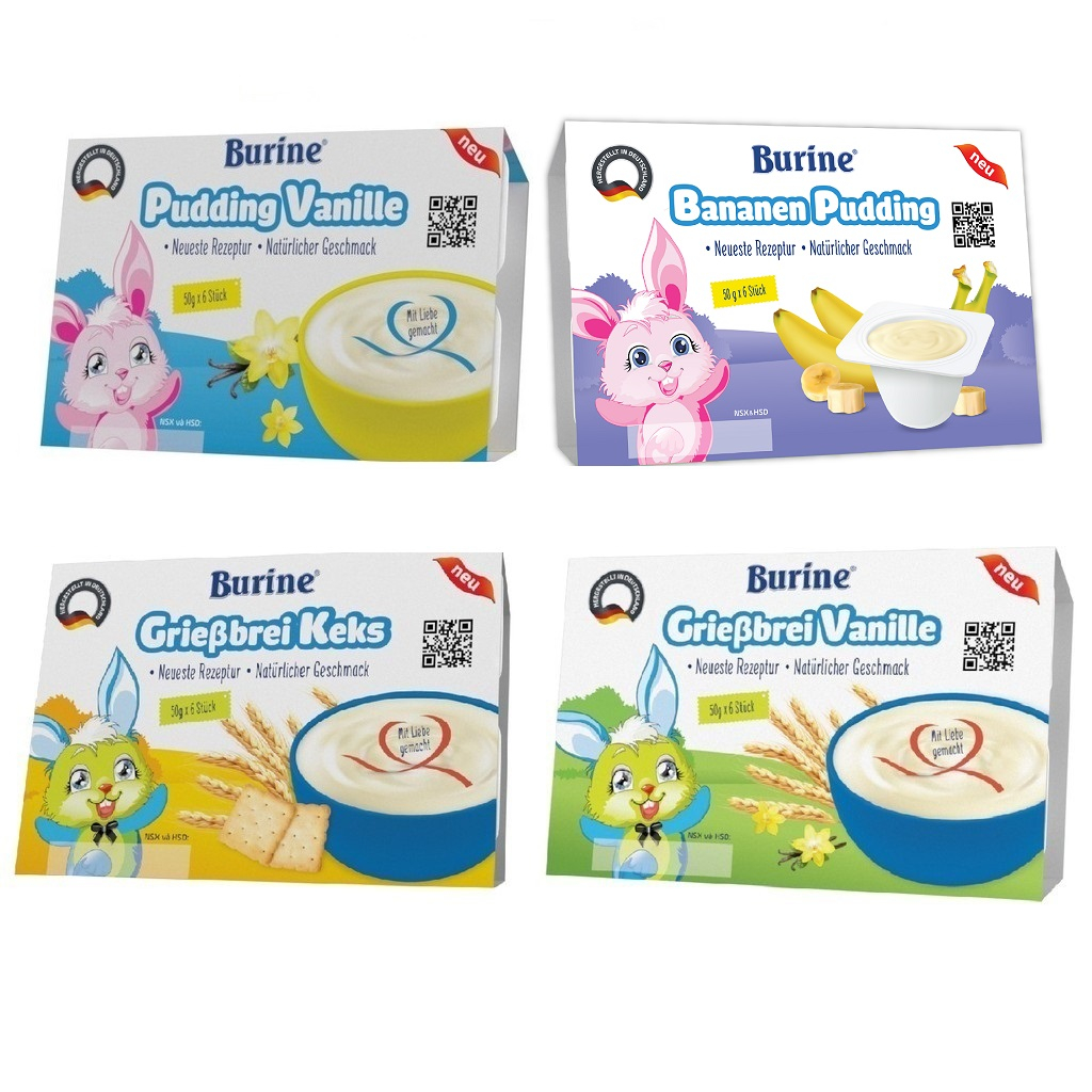 Cháo Sữa Burine Đủ Vị Pudding Vani, Pudding Chuối, Bích Quy, Vani Lốc 6 Hộp x 50g