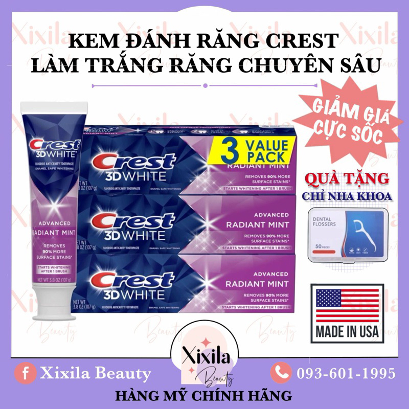 Kem đánh răng Crest 3D White Radiant Mint hương bạc hà thơm mát