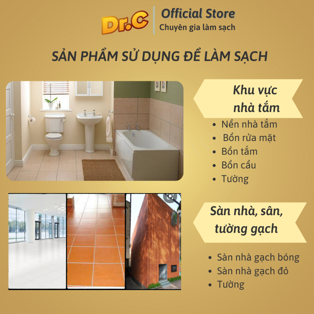 COMBO NHÀ TẮM TRẮNG SÁNG chính hãng Dr.C gồm sáng gương, tẩy cặn canxi, tẩy lồng giặt, làm sạch sàn nhà tắm, lau kính