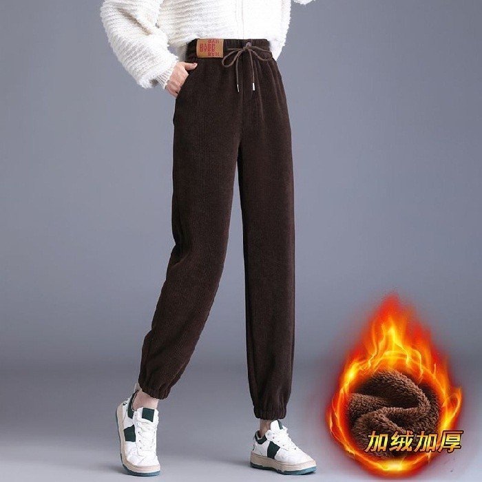 Quần nhung tăm lót lông cừu dày ấm nữ, quần jogger nữ siêu ấm dành cho mùa đông