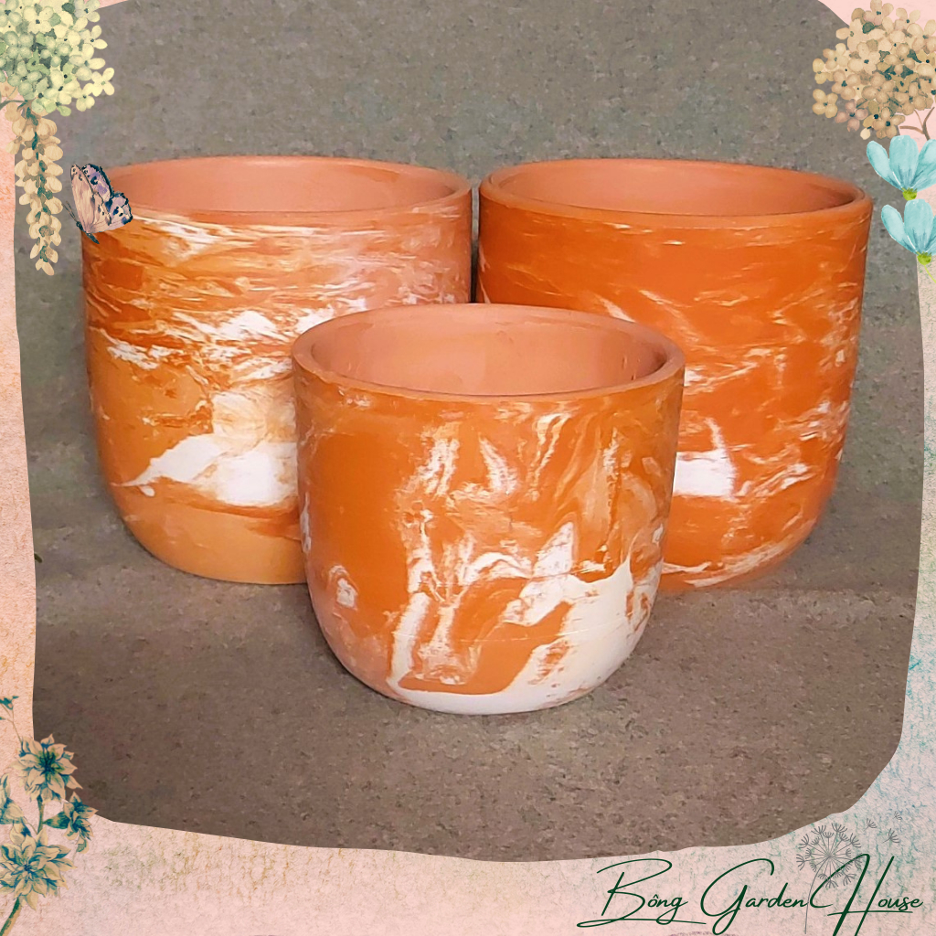 Chậu trồng cây, Chậu đất nung trứng cam đỏ kem sữa Bông Garden trồng cây cảnh, sen đá, xương rồng Miệng 14cm và 17cm