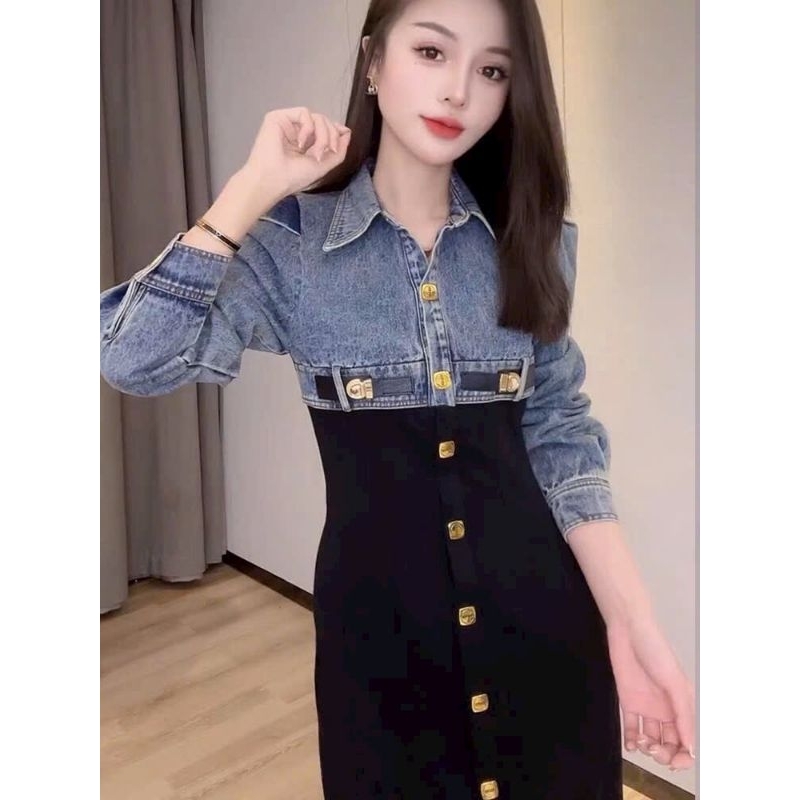 ĐẦM JEAN SƠ MI PHỐI THUN CAO CẤP