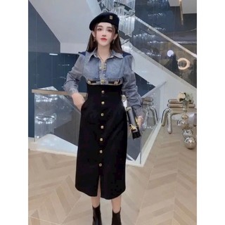 ĐẦM JEAN SƠ MI PHỐI THUN CAO CẤP