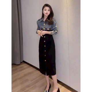 ĐẦM JEAN SƠ MI PHỐI THUN CAO CẤP