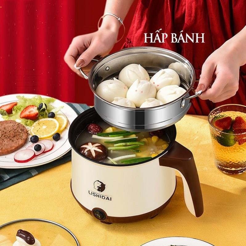 Nồi Lẩu Điện Mini 2 Tầng Shanban Màu Trắng Kem Tặng Kèm Giá Hấp Inox, Ca Nấu Mì 18cm Tặng Kèm Giá Hấp