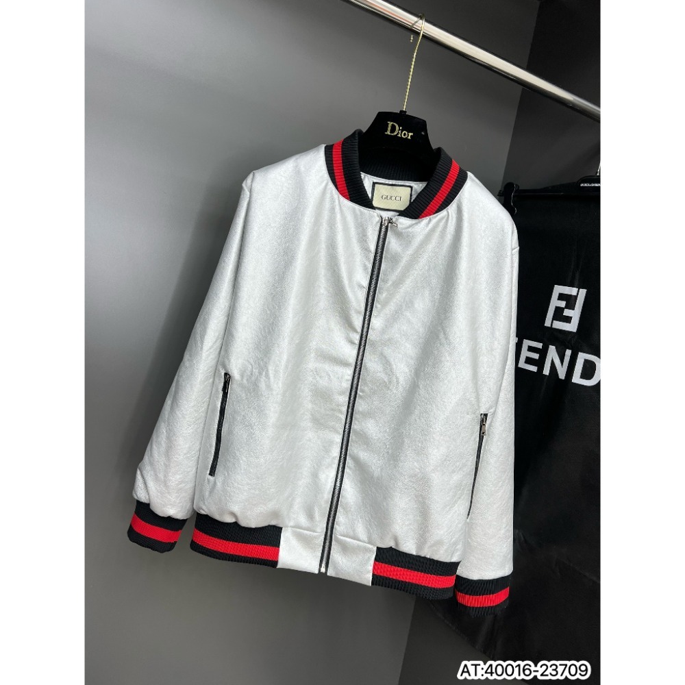 Áo khoác bomber Da bạc 2 lớp siêu hot_Áo khoác bomber viền đỏ nam cao cấp 2023