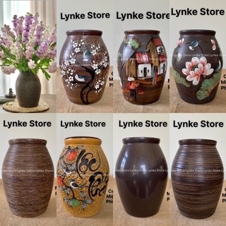 Bình hoa lọ hoa gốm dáng chum miệng rộng vẽ tay men mộc gốm sứ bát tràng - lynke store