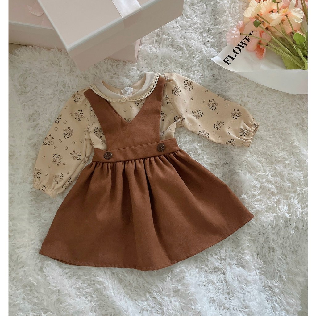 Váy Thu Đông Cho Bé Gái Mykids Đầm Bé Gái  Sét vintage trẻ em yếm nâu kèm áo dài tay hàng thiểt kế từ 6-32kg