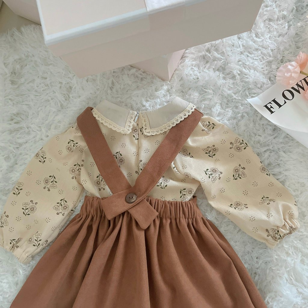 Váy Thu Đông Cho Bé Gái Mykids Đầm Bé Gái  Sét vintage trẻ em yếm nâu kèm áo dài tay hàng thiểt kế từ 6-32kg
