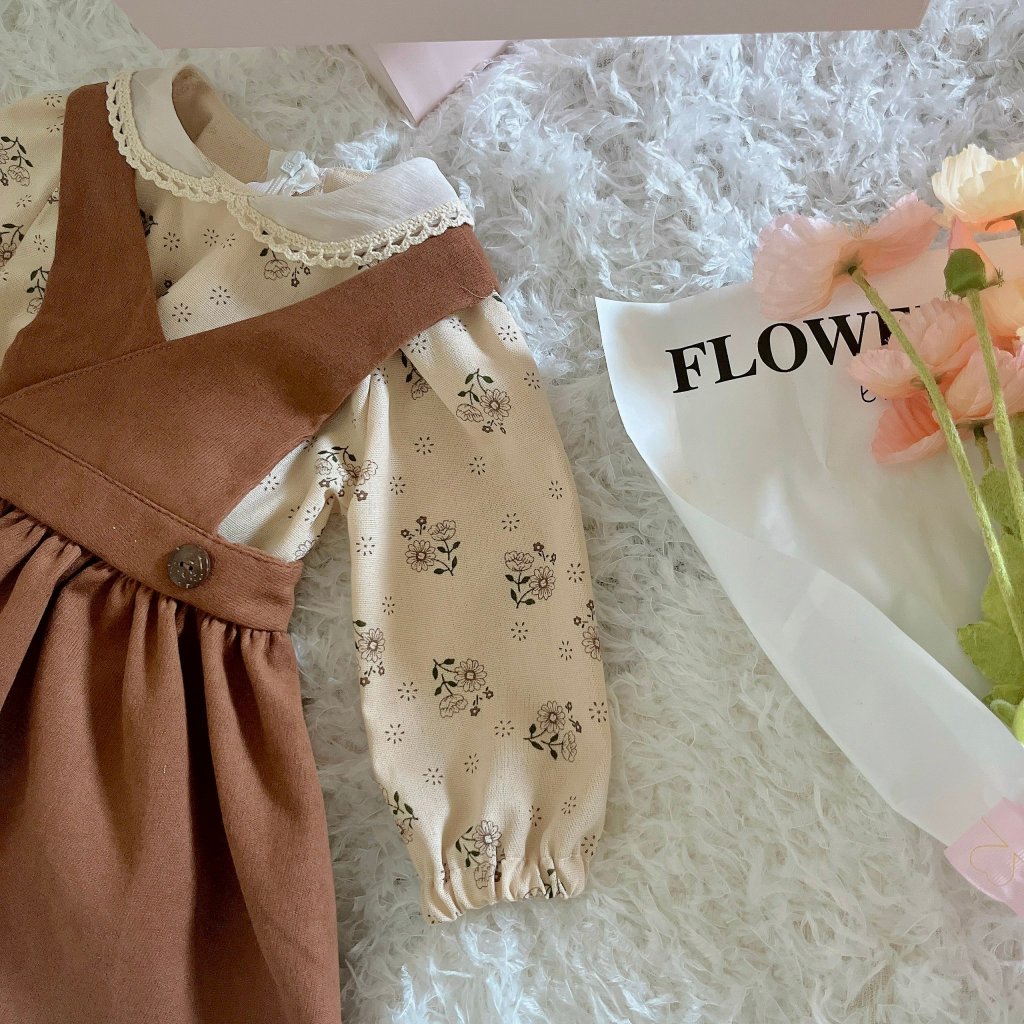 Váy Thu Đông Cho Bé Gái Mykids Đầm Bé Gái  Sét vintage trẻ em yếm nâu kèm áo dài tay hàng thiểt kế từ 6-32kg