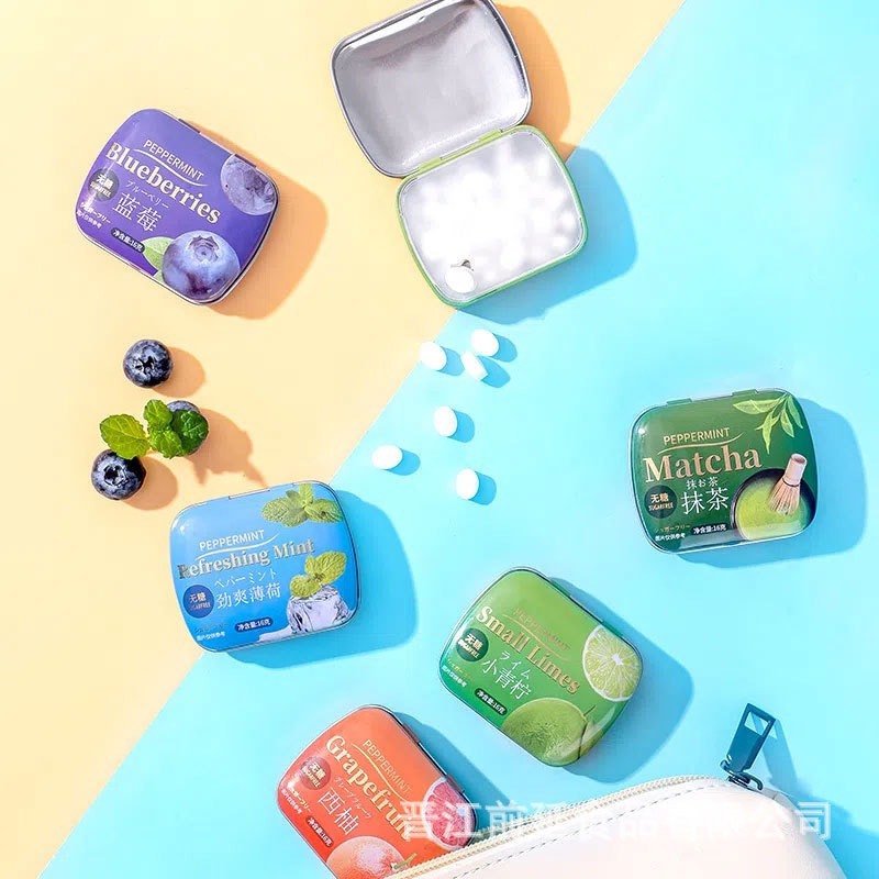 Kẹo Ngậm Bạc Hà Không Đường Hương Trái Cây Hộp Sắt