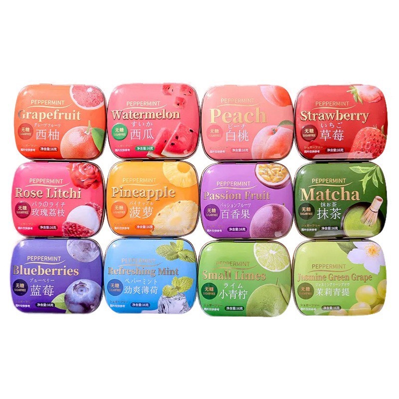 Kẹo Ngậm Bạc Hà Không Đường Hương Trái Cây Hộp Sắt