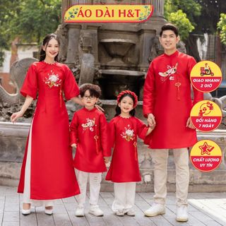 Áo dài cách tân tết gia đình, chất vải tafta họa tiết cao cấp màu đỏ chuẩn form - Áo Dài Tết H&T