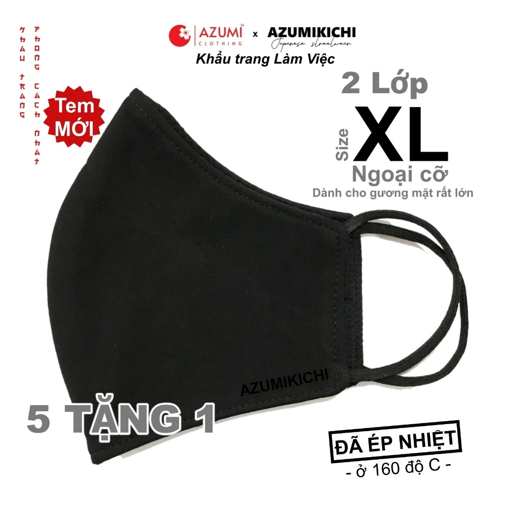 Khẩu trang vải Lavi oversize XL 2 lớp dành cho người có gương mặt rất lớn màu đen đeo làm việc văn phòng Azumikichi A1XL