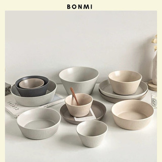 Set tô đĩa gốm viền sọc Reed Home cao cấp màu nâu be phong cách Hàn Quốc Bonmi Decor