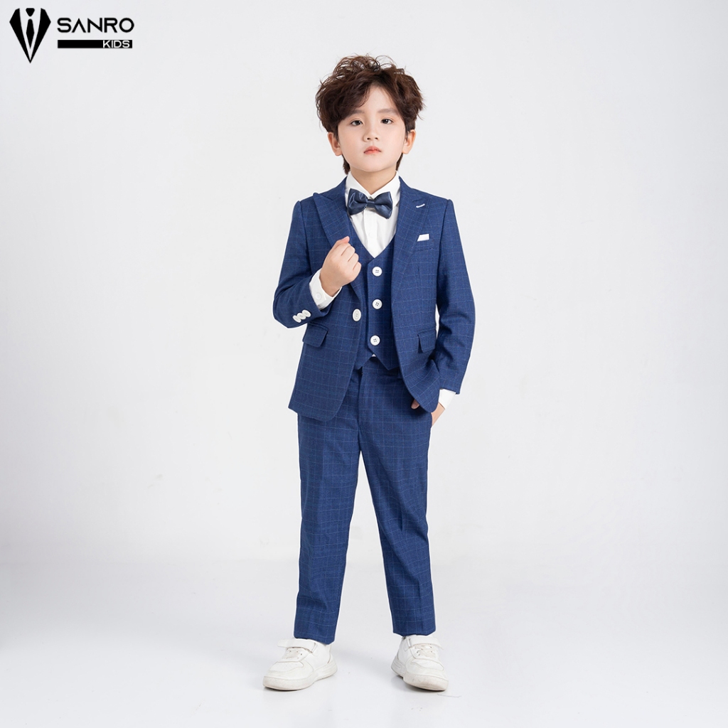 Bộ vest bé trai màu xanh kẻ ô nhỏ