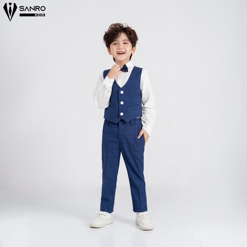 Bộ vest bé trai màu xanh kẻ ô nhỏ