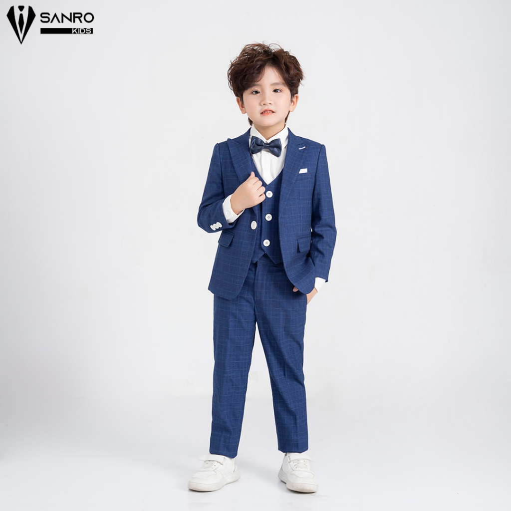 Bộ vest bé trai màu xanh kẻ ô nhỏ