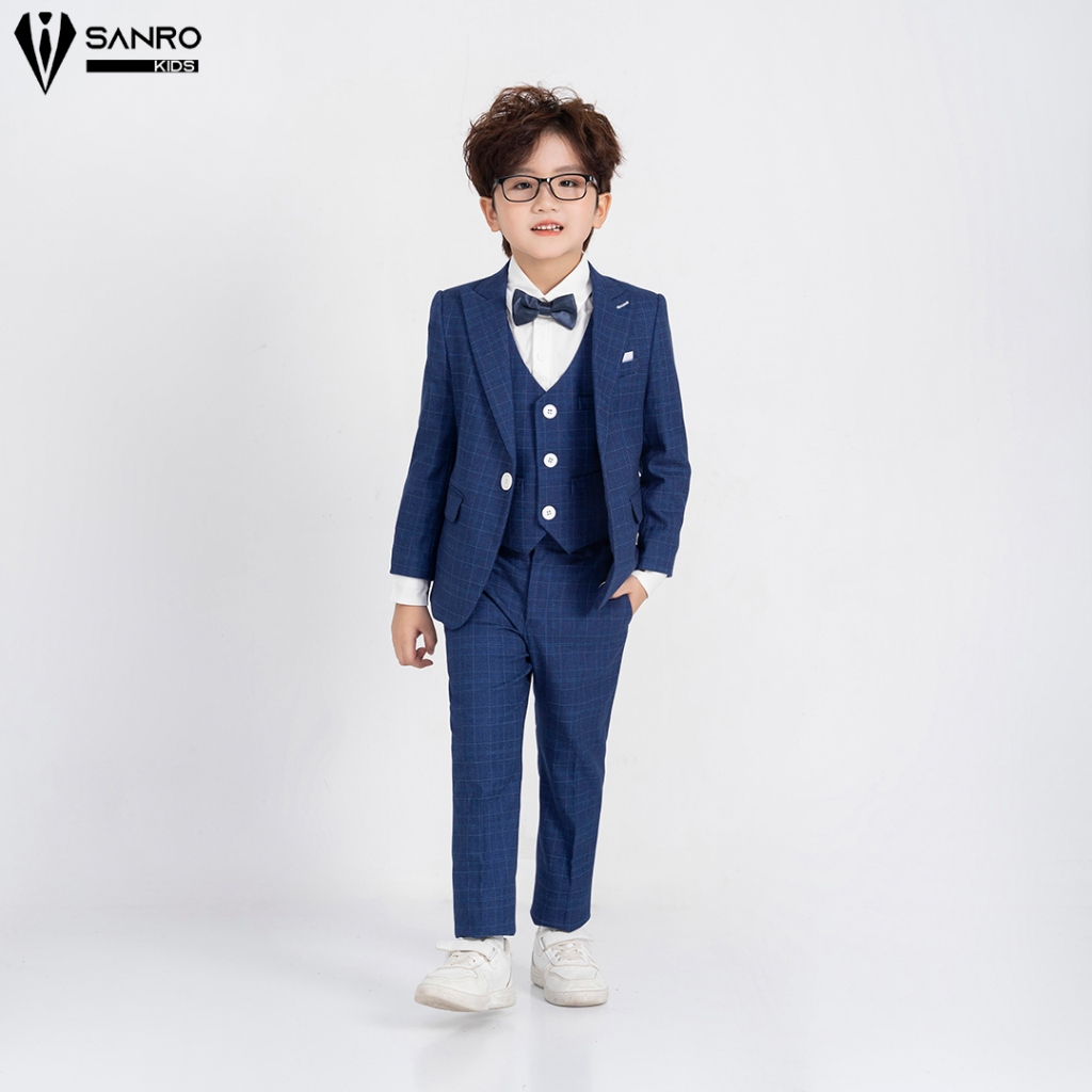 Bộ vest bé trai màu xanh kẻ ô nhỏ