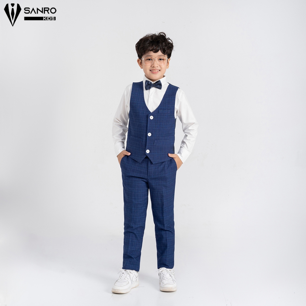 Bộ vest bé trai màu xanh kẻ ô nhỏ