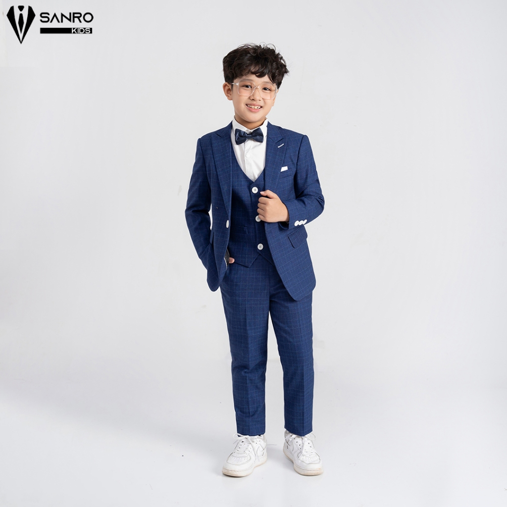 Bộ vest bé trai màu xanh kẻ ô nhỏ