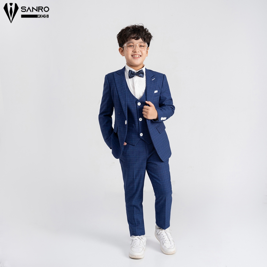 Bộ vest bé trai màu xanh kẻ ô nhỏ