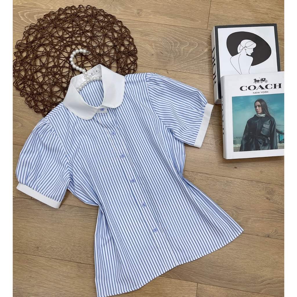 ÁO SƠ MI NGẮN TAY SỌC NHÍ CỰC TRẺ TRUNG PHỐI CỐ TRẮNG TREND CUÔI NĂM 2023 AM09