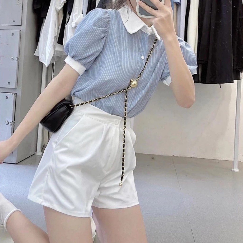 ÁO SƠ MI NGẮN TAY SỌC NHÍ CỰC TRẺ TRUNG PHỐI CỐ TRẮNG TREND CUÔI NĂM 2023 AM09