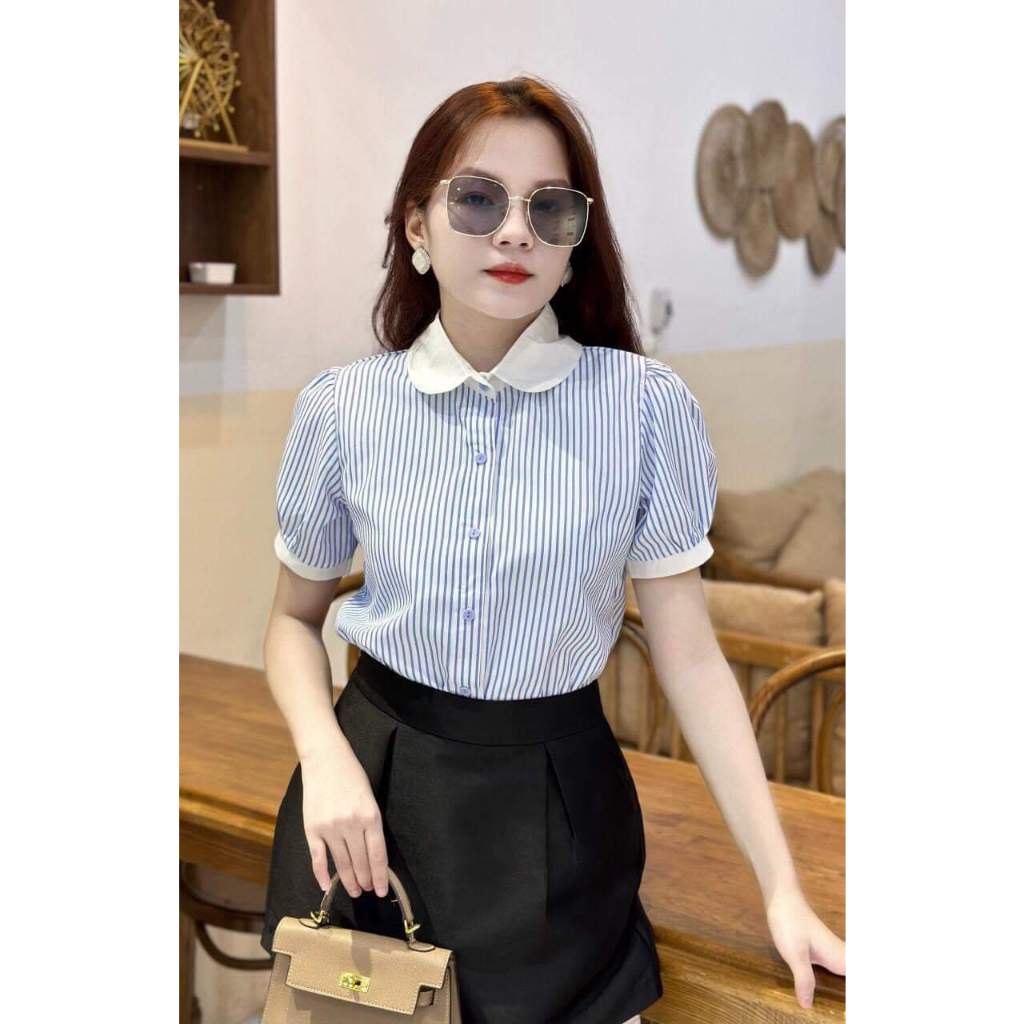 ÁO SƠ MI NGẮN TAY SỌC NHÍ CỰC TRẺ TRUNG PHỐI CỐ TRẮNG TREND CUÔI NĂM 2023 AM09